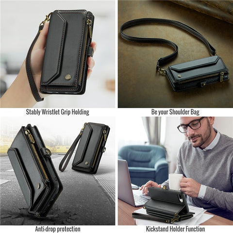 For iPhone 6 Plus / 6s Plus / 7 Plus / 8 Plus Leather Case CASEME C36 Zipper Multiple Card Slots Phone Cover with Straps