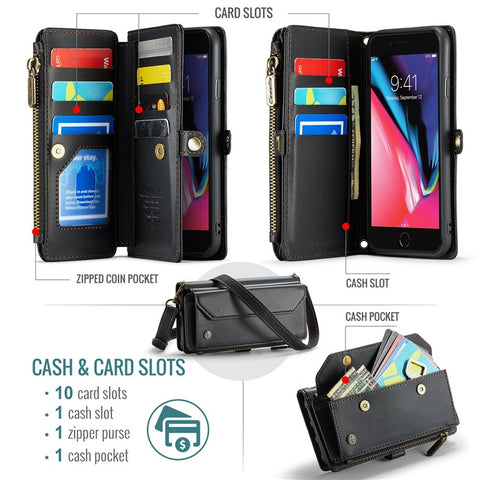 For iPhone 6 Plus / 6s Plus / 7 Plus / 8 Plus Leather Case CASEME C36 Zipper Multiple Card Slots Phone Cover with Straps