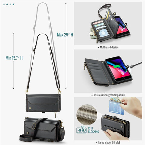 For iPhone 6 Plus / 6s Plus / 7 Plus / 8 Plus Leather Case CASEME C36 Zipper Multiple Card Slots Phone Cover with Straps