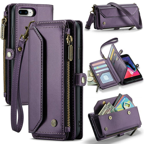 For iPhone 6 Plus / 6s Plus / 7 Plus / 8 Plus Leather Case CASEME C36 Zipper Multiple Card Slots Phone Cover with Straps