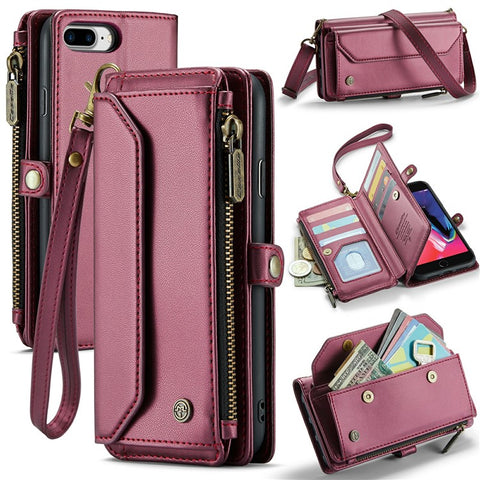 For iPhone 6 Plus / 6s Plus / 7 Plus / 8 Plus Leather Case CASEME C36 Zipper Multiple Card Slots Phone Cover with Straps