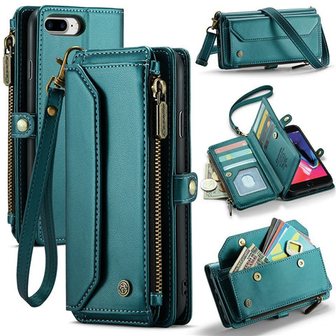 For iPhone 6 Plus / 6s Plus / 7 Plus / 8 Plus Leather Case CASEME C36 Zipper Multiple Card Slots Phone Cover with Straps