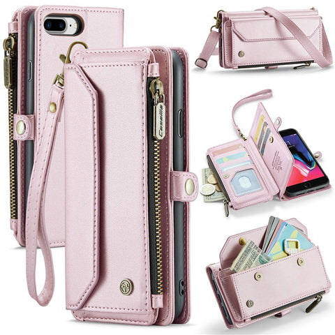 For iPhone 6 Plus / 6s Plus / 7 Plus / 8 Plus Leather Case CASEME C36 Zipper Multiple Card Slots Phone Cover with Straps