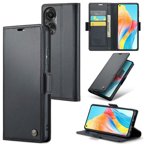 CASEME 023 Series For Oppo A78 4G Case RFID Blocking PU Leather Glossy Phone Wallet Cover