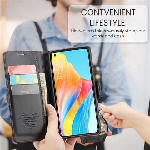CASEME 023 Series For Oppo A78 4G Case RFID Blocking PU Leather Glossy Phone Wallet Cover