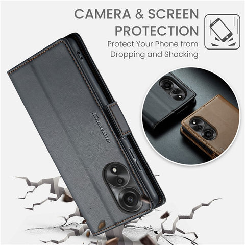 CASEME 023 Series For Oppo A78 4G Case RFID Blocking PU Leather Glossy Phone Wallet Cover