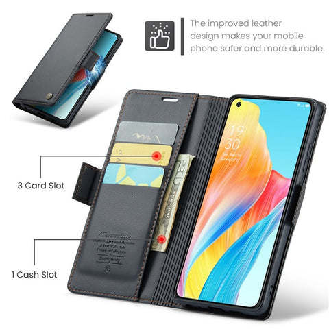 CASEME 023 Series For Oppo A78 4G Case RFID Blocking PU Leather Glossy Phone Wallet Cover