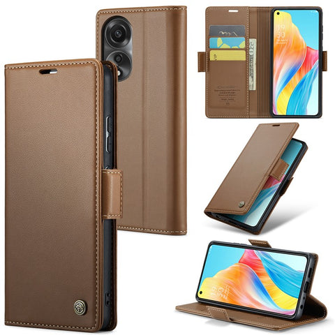 CASEME 023 Series For Oppo A78 4G Case RFID Blocking PU Leather Glossy Phone Wallet Cover