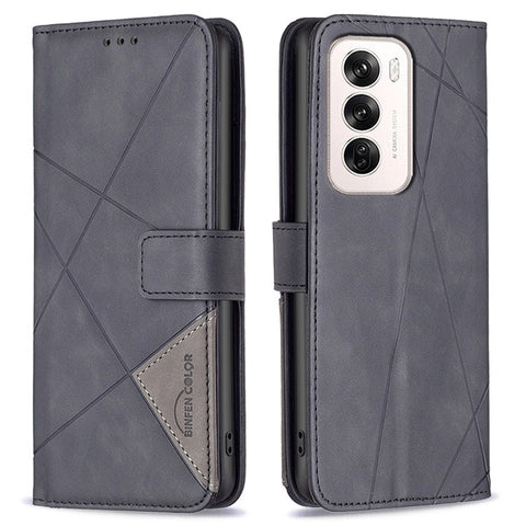BINFEN COLOR For Oppo Reno12 5G (Global) Phone Cases Wallet Stand Geometry Imprint Leather Cover