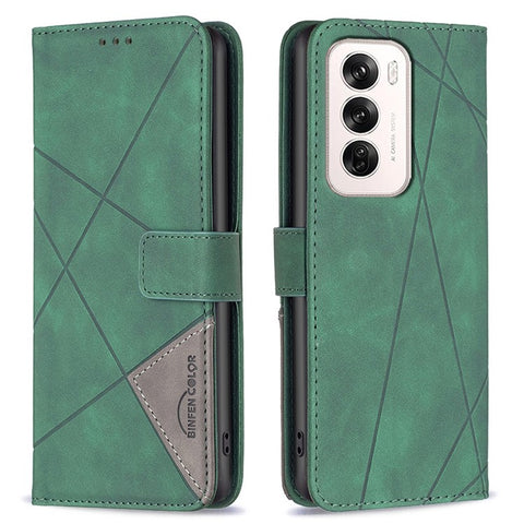 BINFEN COLOR For Oppo Reno12 5G (Global) Phone Cases Wallet Stand Geometry Imprint Leather Cover
