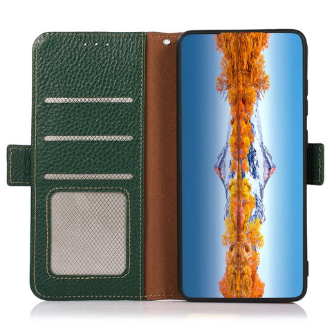 KHAZNEH For Motorola Moto G64 5G Phone Case RFID Blocking Genuine Cow Leather Flip Cover