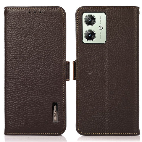 KHAZNEH For Motorola Moto G64 5G Phone Case RFID Blocking Genuine Cow Leather Flip Cover