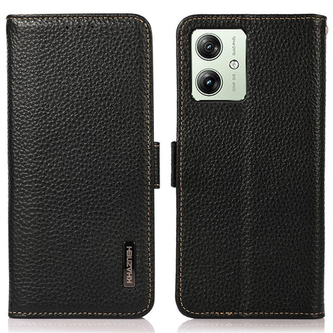 KHAZNEH For Motorola Moto G64 5G Phone Case RFID Blocking Genuine Cow Leather Flip Cover