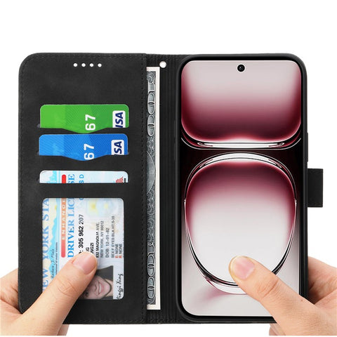 DIERFENG DF-03 For Oppo Reno12 Pro 5G (Global) Wallet Case Lines Imprint Leather Stand Phone Cover