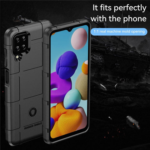 For Samsung Galaxy A12 Nacho 4G / A12 / M12 / F12 Rugged Square Grid Anti-slip Case Thickened TPU Buffer Protection Back Cover