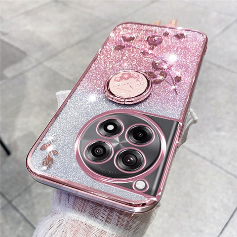 KADEM For OnePlus Ace 3 Pro 5G Case Ring Kickstand TPU Flowers Phone Cover Gradient Glitter