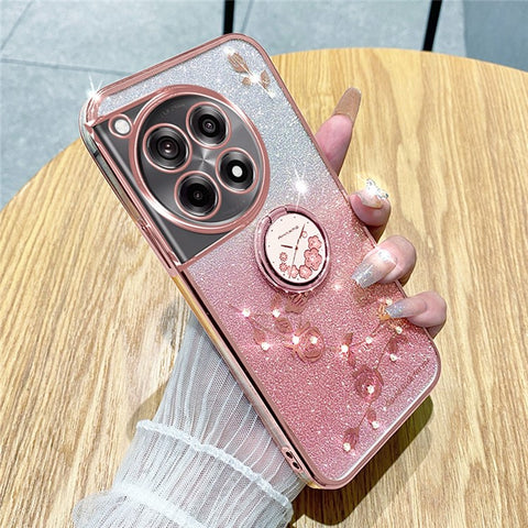 KADEM For OnePlus Ace 3 Pro 5G Case Ring Kickstand TPU Flowers Phone Cover Gradient Glitter