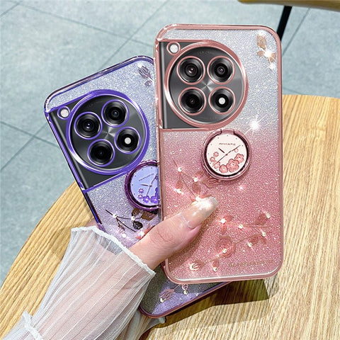 KADEM For OnePlus Ace 3 Pro 5G Case Ring Kickstand TPU Flowers Phone Cover Gradient Glitter