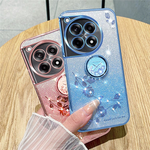 KADEM For OnePlus Ace 3 Pro 5G Case Ring Kickstand TPU Flowers Phone Cover Gradient Glitter