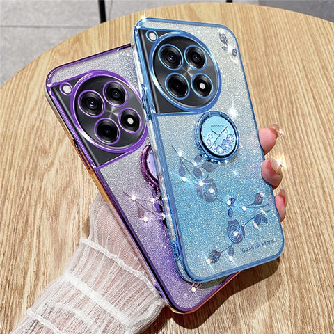 KADEM For OnePlus Ace 3 Pro 5G Case Ring Kickstand TPU Flowers Phone Cover Gradient Glitter