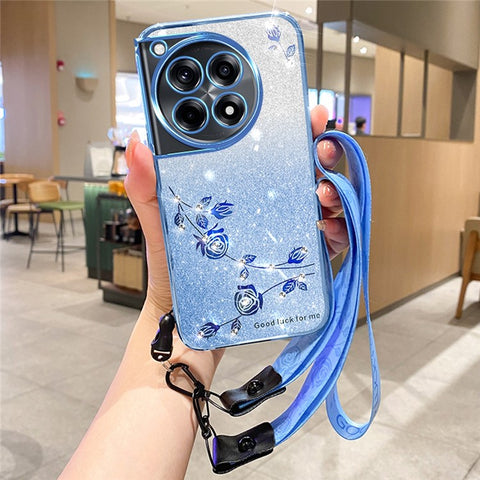 KADEM For OnePlus Ace 3 Pro 5G Case Flower Pattern TPU Gradient Phone Cover with Lanyards