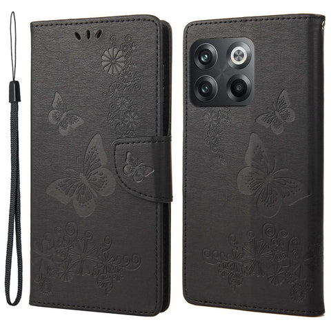 For OnePlus 10T 5G / Ace Pro 5G Big Butterflies Flower Pattern Imprinting Leather Case Magnetic Clasp Stand Wallet Cover with Strap