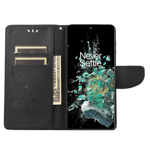 For OnePlus 10T 5G / Ace Pro 5G Big Butterflies Flower Pattern Imprinting Leather Case Magnetic Clasp Stand Wallet Cover with Strap