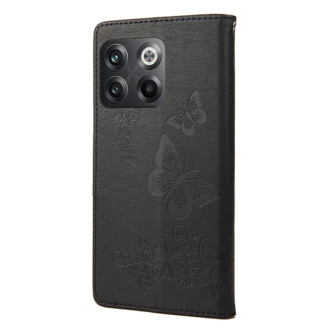 For OnePlus 10T 5G / Ace Pro 5G Big Butterflies Flower Pattern Imprinting Leather Case Magnetic Clasp Stand Wallet Cover with Strap
