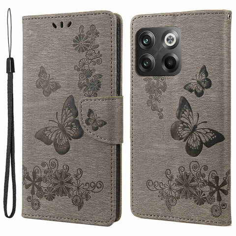 For OnePlus 10T 5G / Ace Pro 5G Big Butterflies Flower Pattern Imprinting Leather Case Magnetic Clasp Stand Wallet Cover with Strap