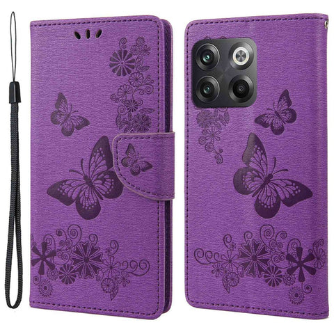 For OnePlus 10T 5G / Ace Pro 5G Big Butterflies Flower Pattern Imprinting Leather Case Magnetic Clasp Stand Wallet Cover with Strap