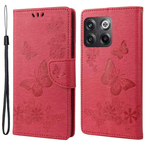 For OnePlus 10T 5G / Ace Pro 5G Big Butterflies Flower Pattern Imprinting Leather Case Magnetic Clasp Stand Wallet Cover with Strap