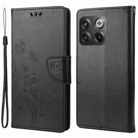 For OnePlus 10T 5G / Ace Pro 5G Wallet Stand PU Leather Imprinting Flower Butterflies Case Full Protection Inner TPU Phone Cover with Strap
