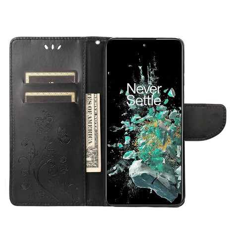 For OnePlus 10T 5G / Ace Pro 5G Wallet Stand PU Leather Imprinting Flower Butterflies Case Full Protection Inner TPU Phone Cover with Strap
