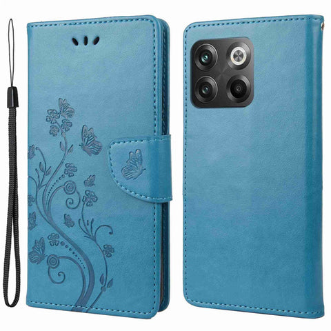 For OnePlus 10T 5G / Ace Pro 5G Wallet Stand PU Leather Imprinting Flower Butterflies Case Full Protection Inner TPU Phone Cover with Strap