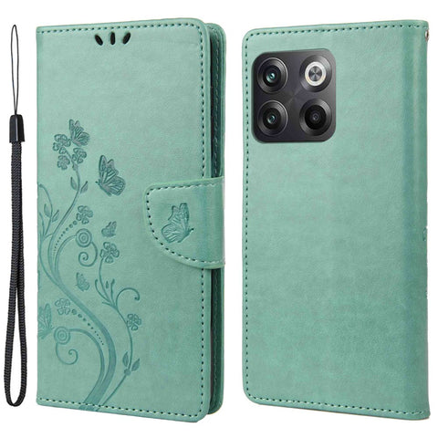 For OnePlus 10T 5G / Ace Pro 5G Wallet Stand PU Leather Imprinting Flower Butterflies Case Full Protection Inner TPU Phone Cover with Strap