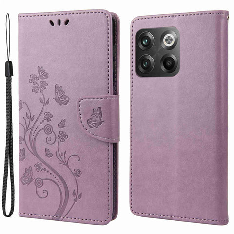 For OnePlus 10T 5G / Ace Pro 5G Wallet Stand PU Leather Imprinting Flower Butterflies Case Full Protection Inner TPU Phone Cover with Strap