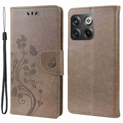 For OnePlus 10T 5G / Ace Pro 5G Wallet Stand PU Leather Imprinting Flower Butterflies Case Full Protection Inner TPU Phone Cover with Strap