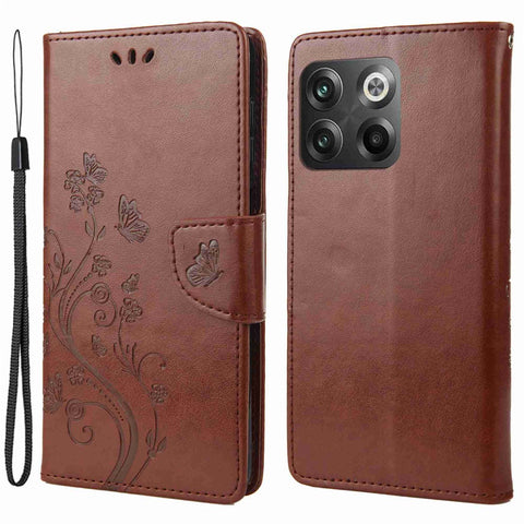 For OnePlus 10T 5G / Ace Pro 5G Wallet Stand PU Leather Imprinting Flower Butterflies Case Full Protection Inner TPU Phone Cover with Strap