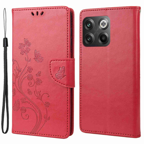 For OnePlus 10T 5G / Ace Pro 5G Wallet Stand PU Leather Imprinting Flower Butterflies Case Full Protection Inner TPU Phone Cover with Strap