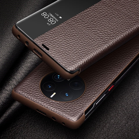 QIALINO For Huawei Mate 50 Pro 4G View Window Genuine Leather Folio Flip Phone Case Touch Slide Button Auto Wake / Sleep Cover
