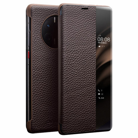 QIALINO For Huawei Mate 50 Pro 4G View Window Genuine Leather Folio Flip Phone Case Touch Slide Button Auto Wake / Sleep Cover