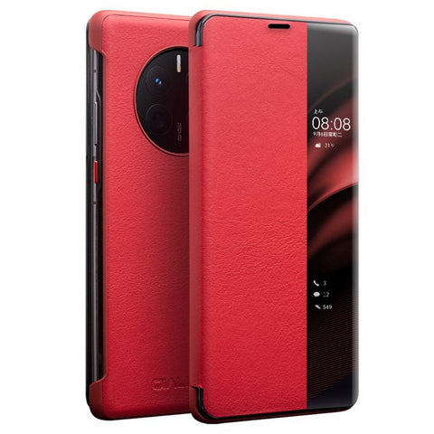 QIALINO For Huawei Mate 50 Pro 4G View Window Genuine Leather Folio Flip Phone Case Touch Slide Button Auto Wake / Sleep Cover