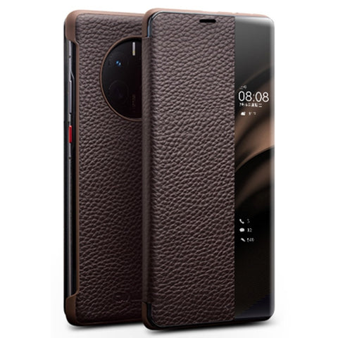 QIALINO For Huawei Mate 50 4G / Mate 50E 4G View Window Genuine Leather Touch Slide Button Phone Case with Auto Wake / Sleep