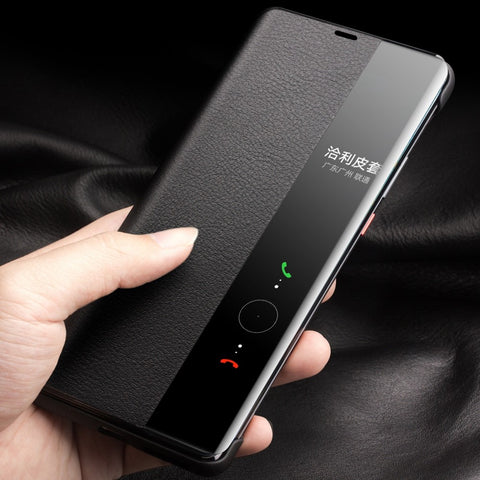 QIALINO For Huawei Mate 50 4G / Mate 50E 4G View Window Genuine Leather Touch Slide Button Phone Case with Auto Wake / Sleep