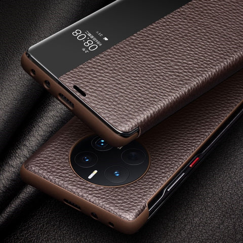 QIALINO For Huawei Mate 50 4G / Mate 50E 4G View Window Genuine Leather Touch Slide Button Phone Case with Auto Wake / Sleep