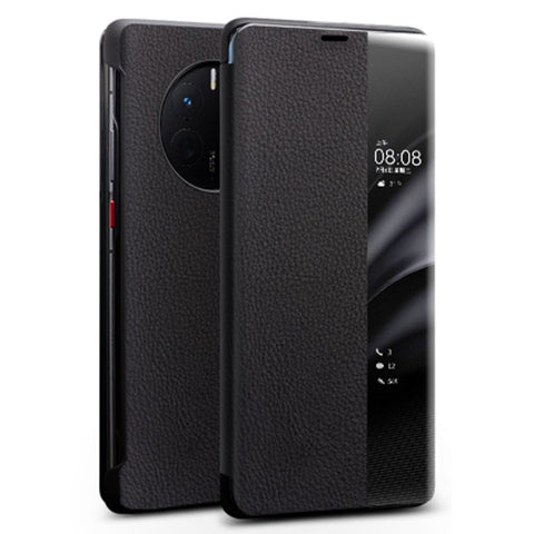 QIALINO For Huawei Mate 50 4G / Mate 50E 4G View Window Genuine Leather Touch Slide Button Phone Case with Auto Wake / Sleep
