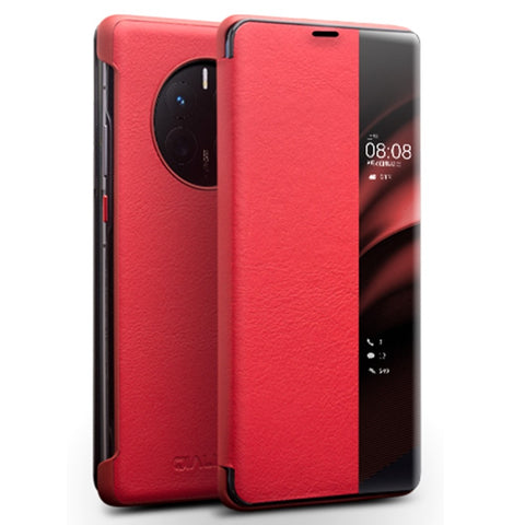 QIALINO For Huawei Mate 50 4G / Mate 50E 4G View Window Genuine Leather Touch Slide Button Phone Case with Auto Wake / Sleep