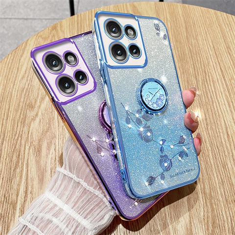 KADEM For Motorola Edge 50 5G Case Ring Kickstand TPU Flowers Phone Cover Gradient Glitter
