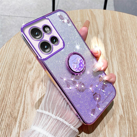 KADEM For Motorola Edge 50 5G Case Ring Kickstand TPU Flowers Phone Cover Gradient Glitter