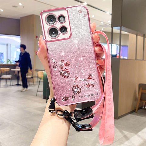 KADEM For Motorola Edge 50 5G Case Flower Pattern TPU Gradient Phone Cover with Lanyards